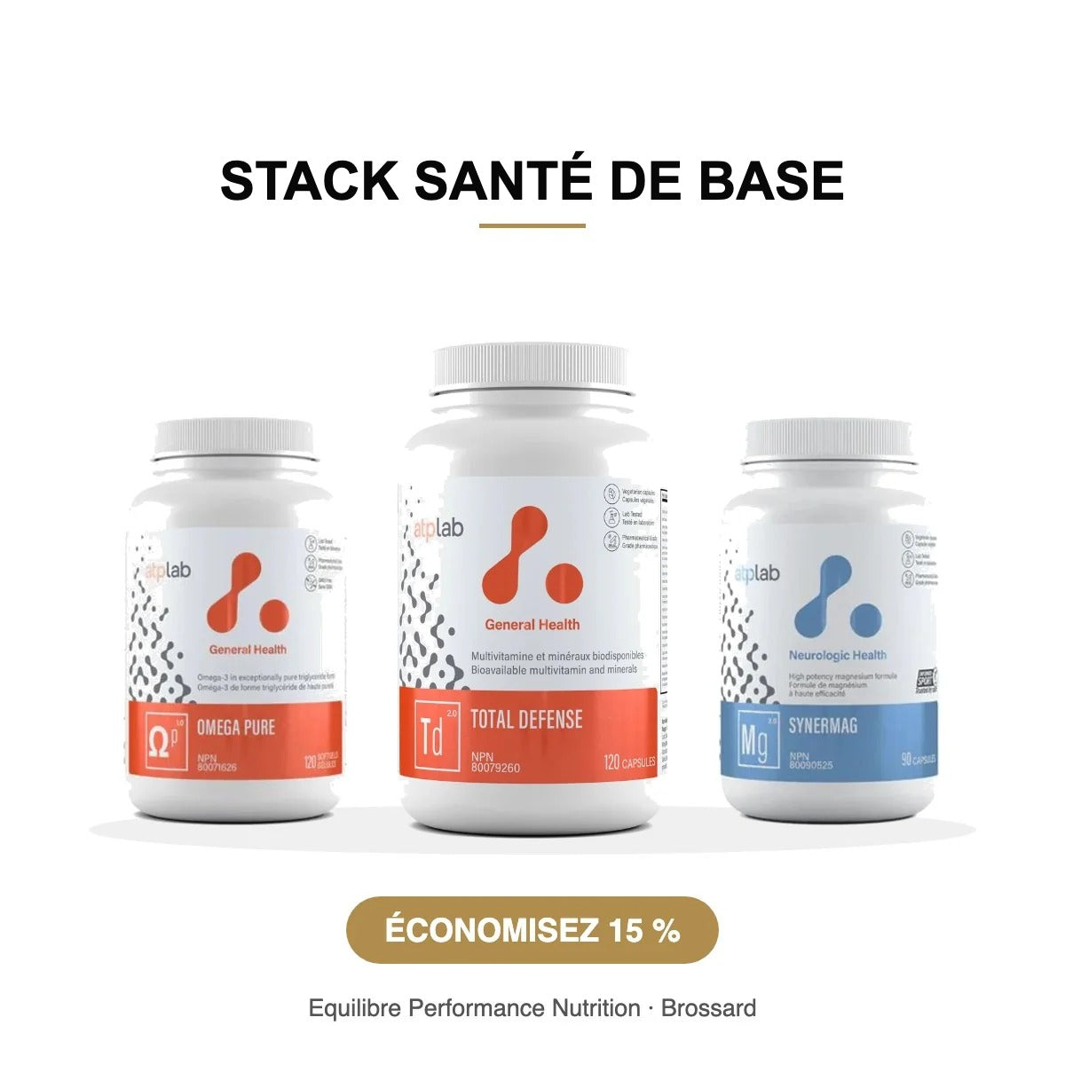 Stack Santé de base : ATP Omega Pure, Total Defense et SynerMag – Equilibre Performance Nutrition